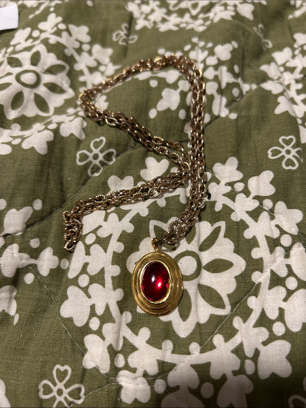 Gold-Tone Pendant Necklace with Red Cabochon